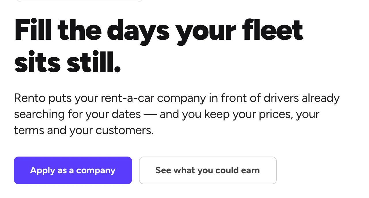 Rento's page for companies, with Apply as a company
