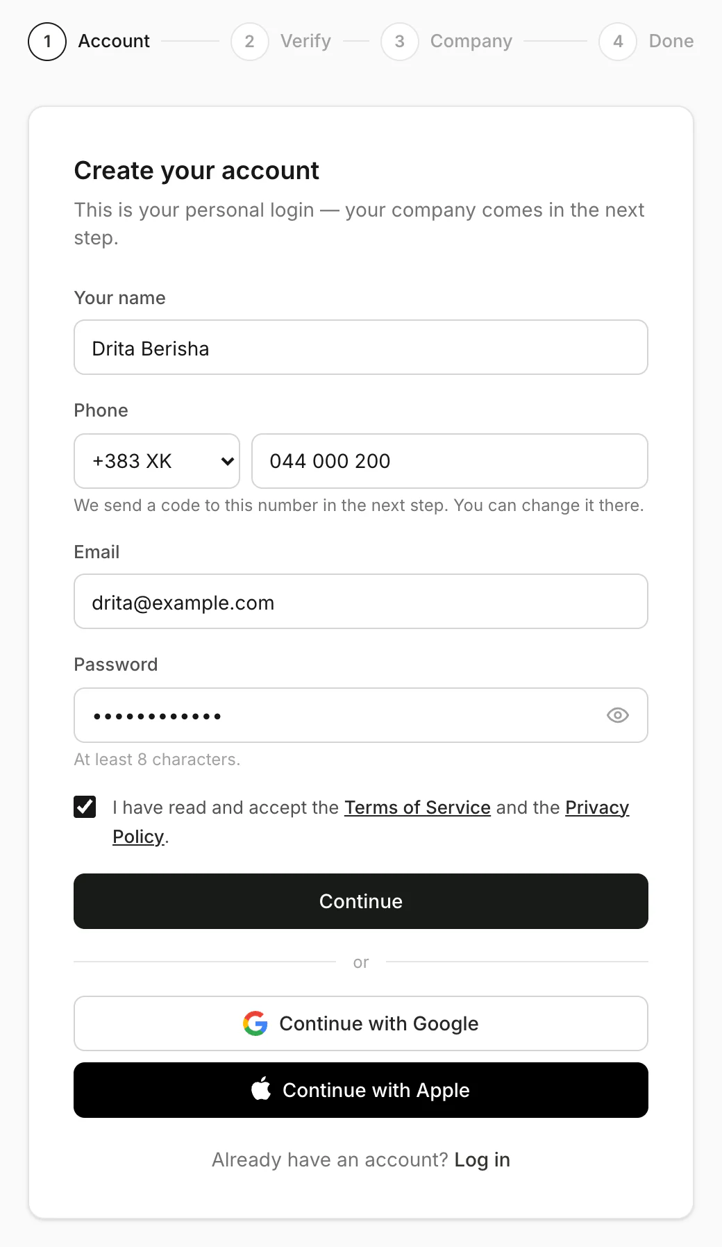 Create your account, filled in