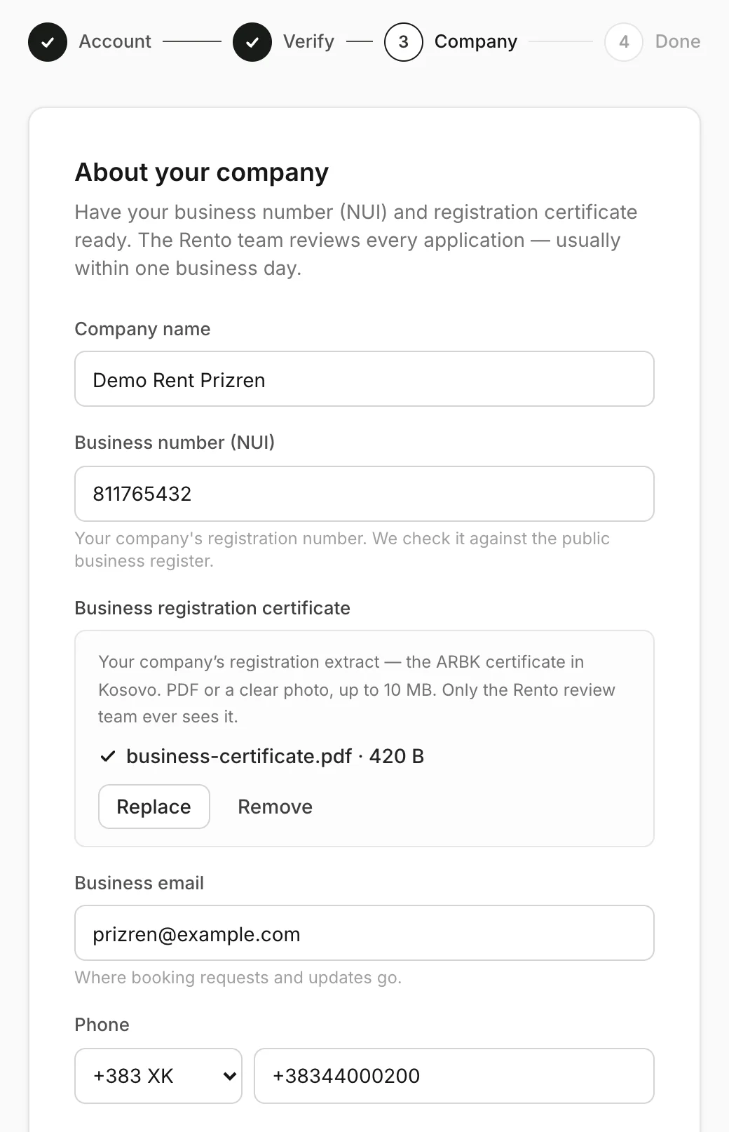 About your company: name, NUI, certificate, email and phone