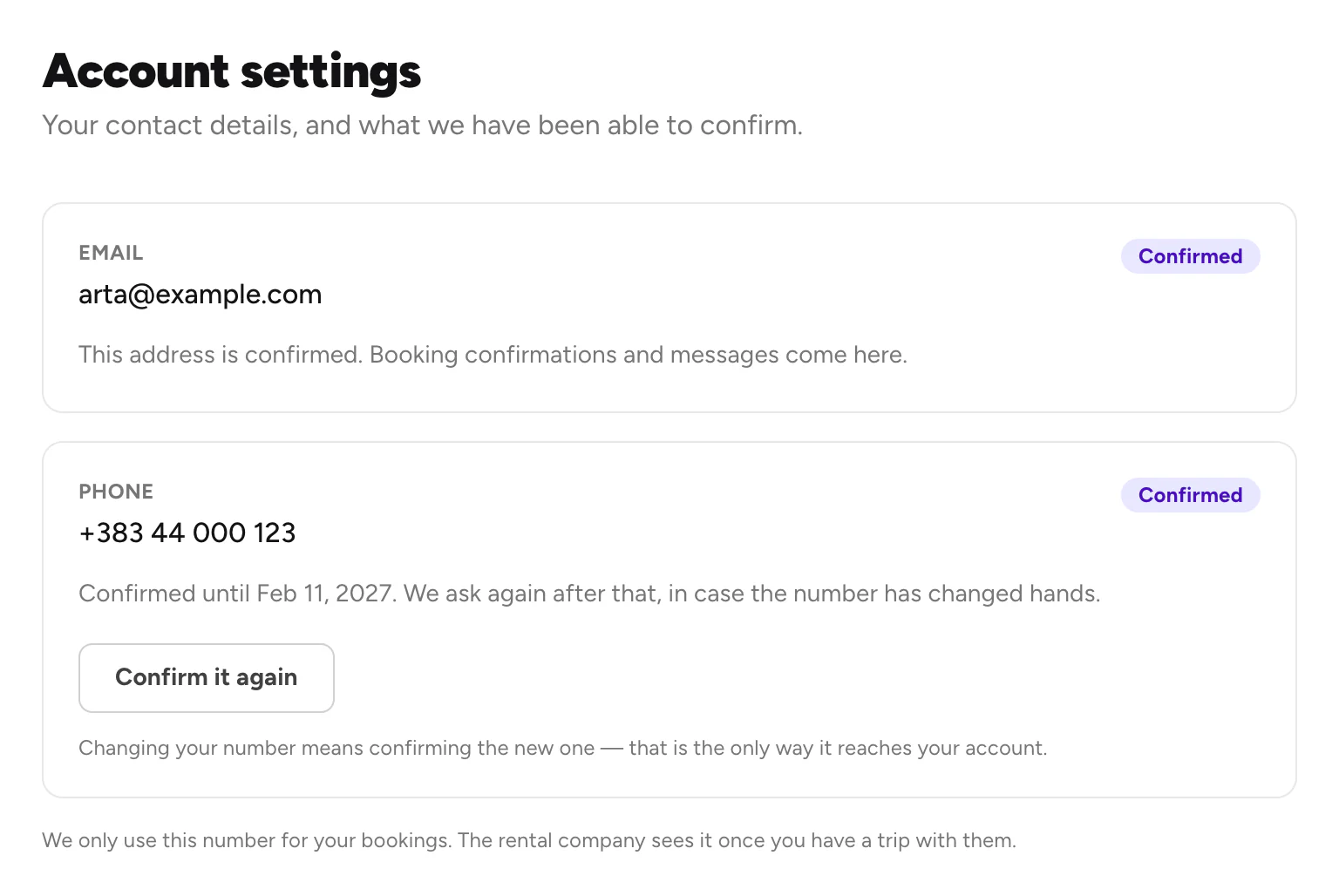 Account settings: email and phone, both confirmed