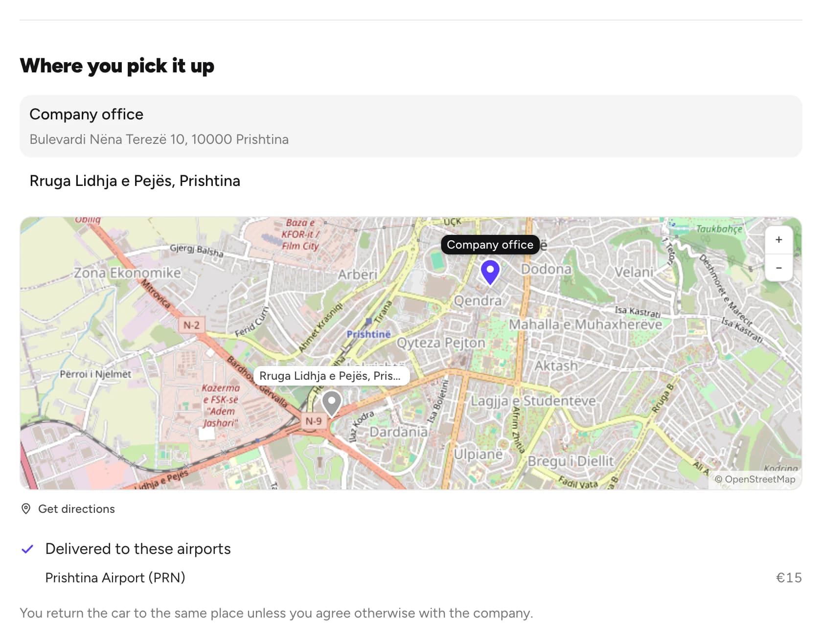 Where you pick it up, with a map and Get directions