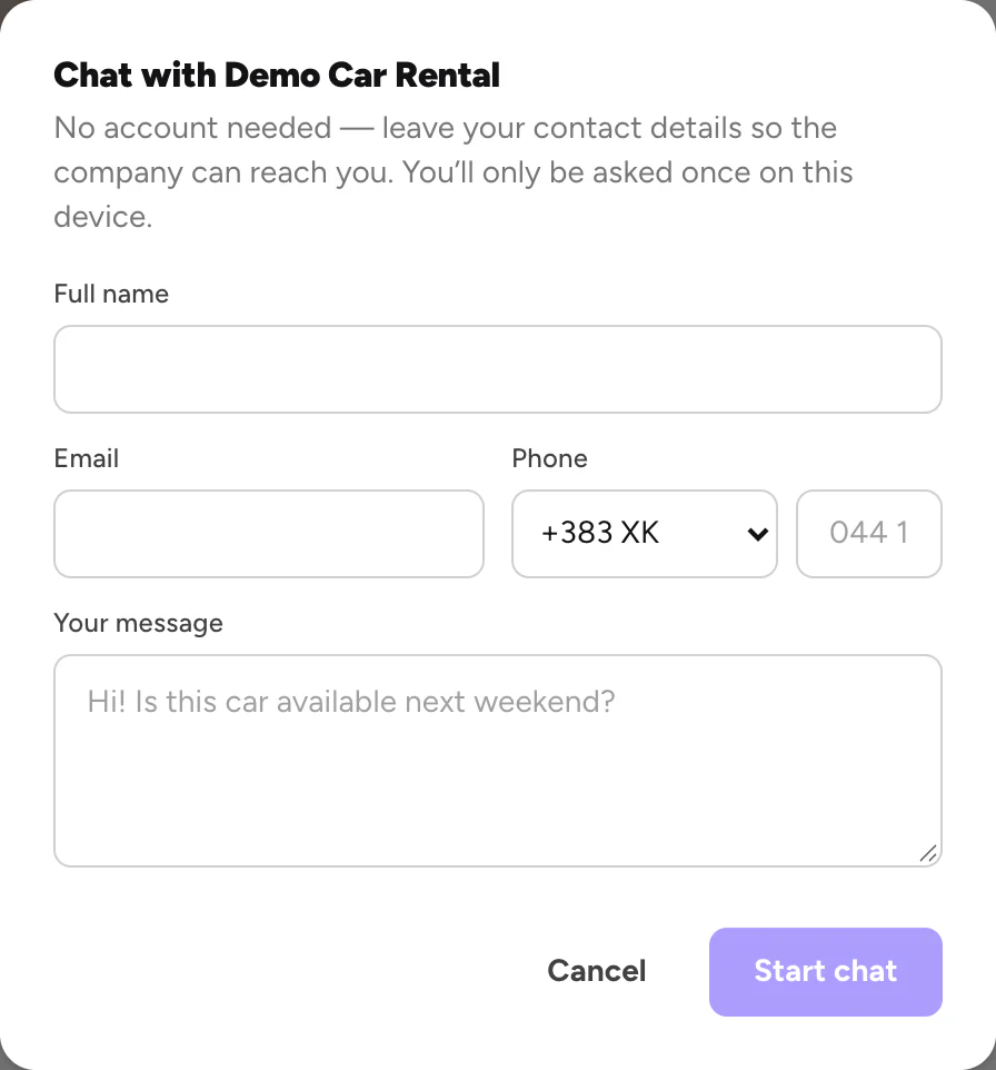 Chat with Demo Car Rental: name, email, phone and your message