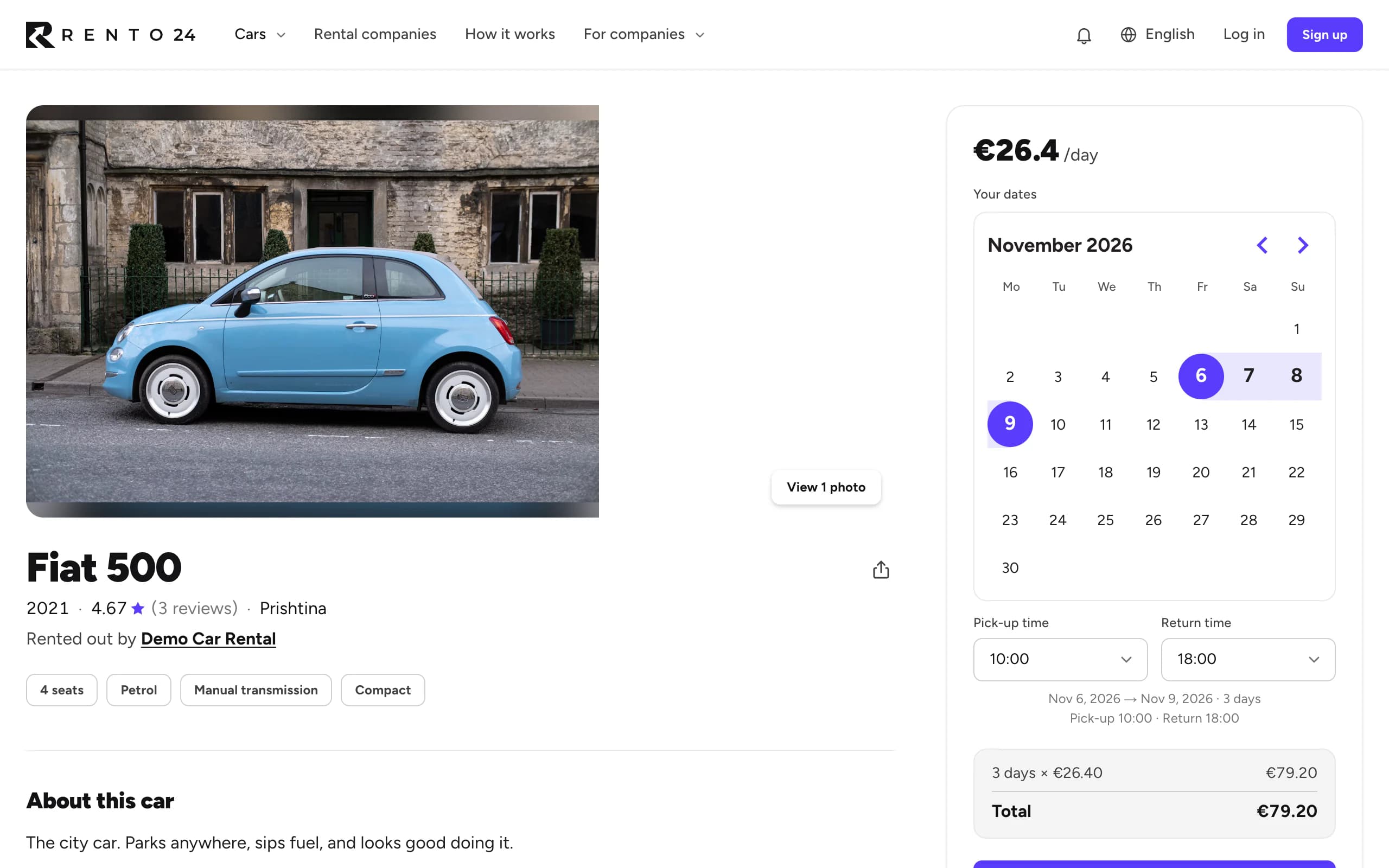 Car page with the Your dates calendar