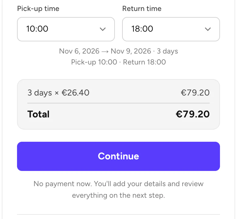 Pick-up and return times above the Continue button