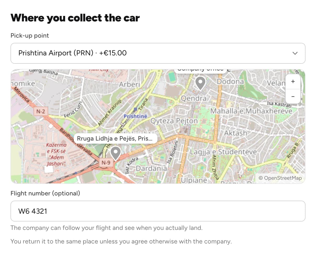 Pick-up places with an airport option and its fee