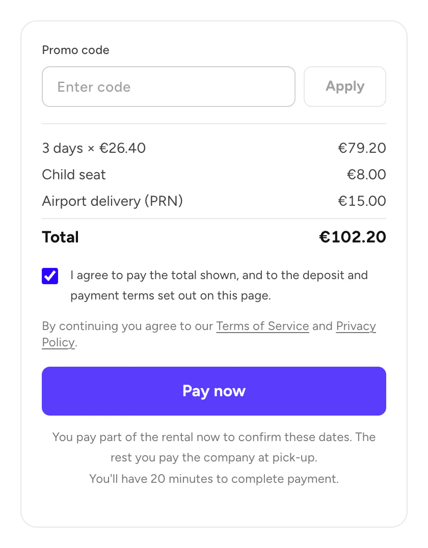 Total, agreement checkbox and the Pay now button