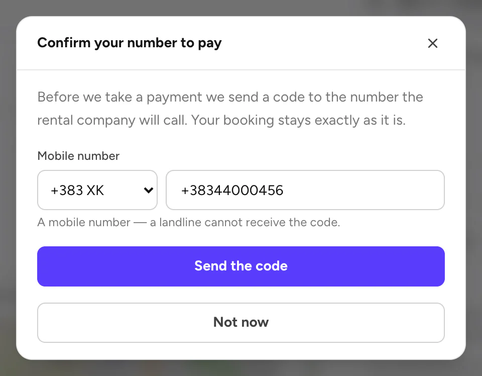 Confirm your number to pay, with Send the code