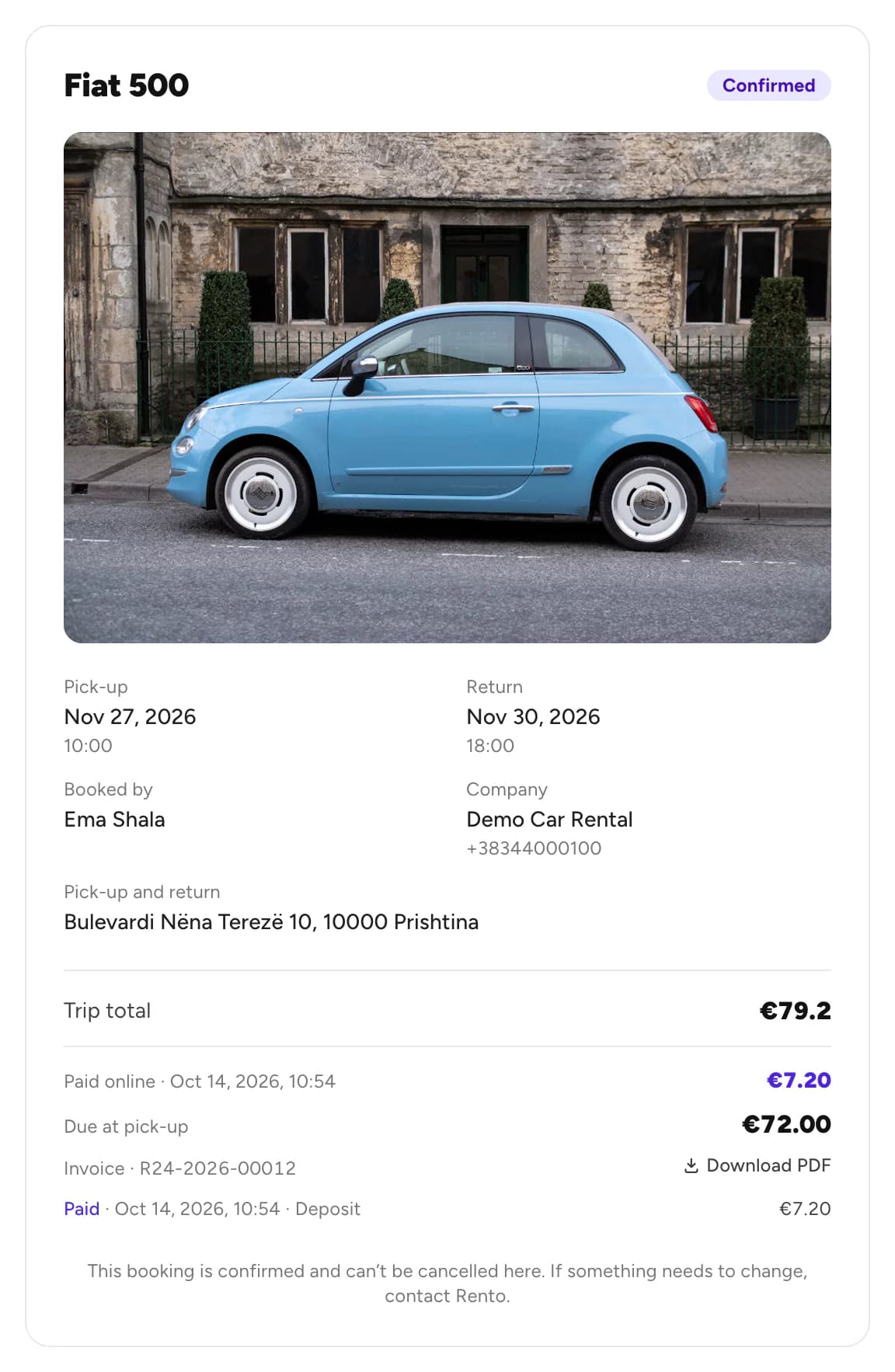 Guest booking page with the status and payments