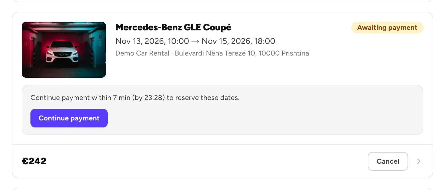 An unpaid booking with Continue payment and Cancel