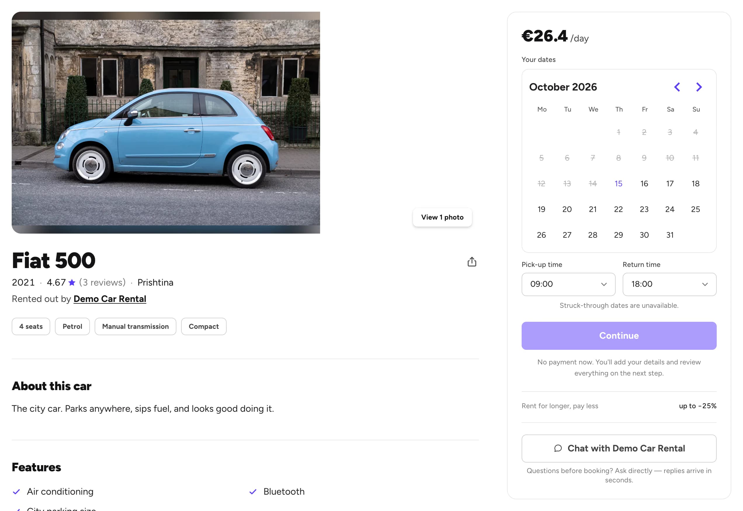 A car page with photos, the company, the price and the dates