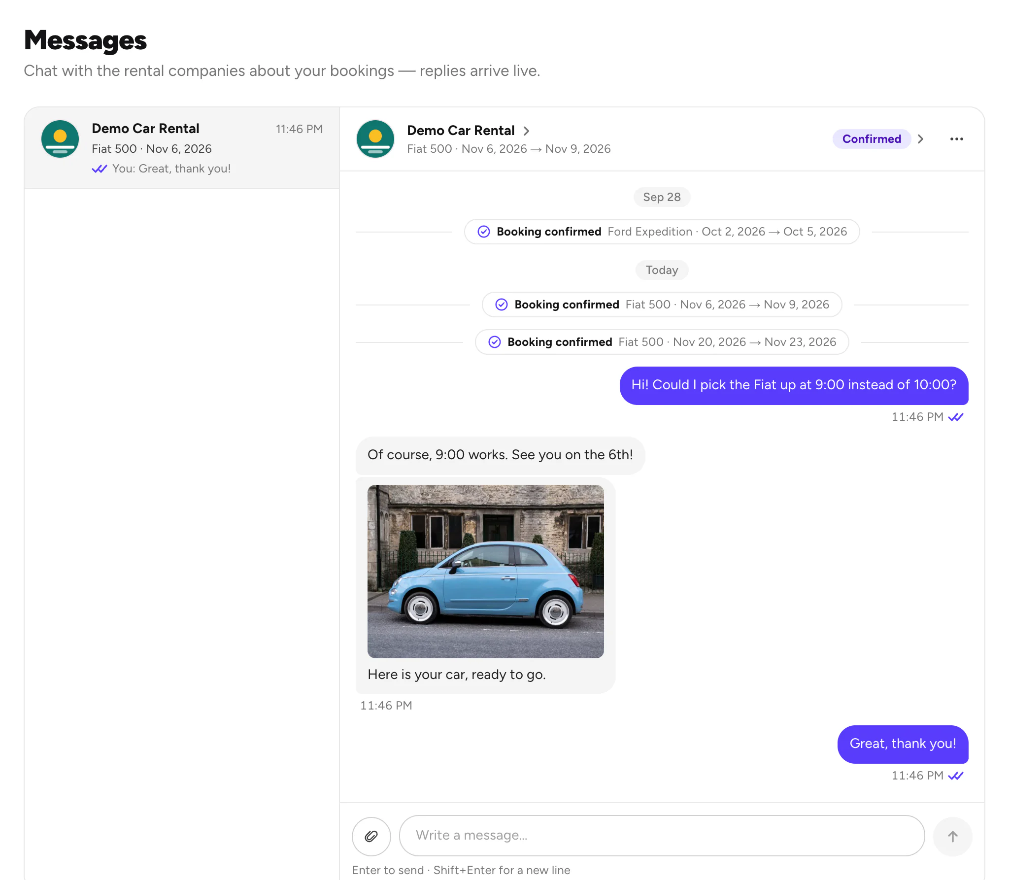 Messages, with a chat with Demo Car Rental open