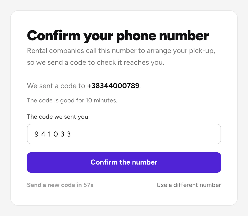 The code typed in, with Confirm the number