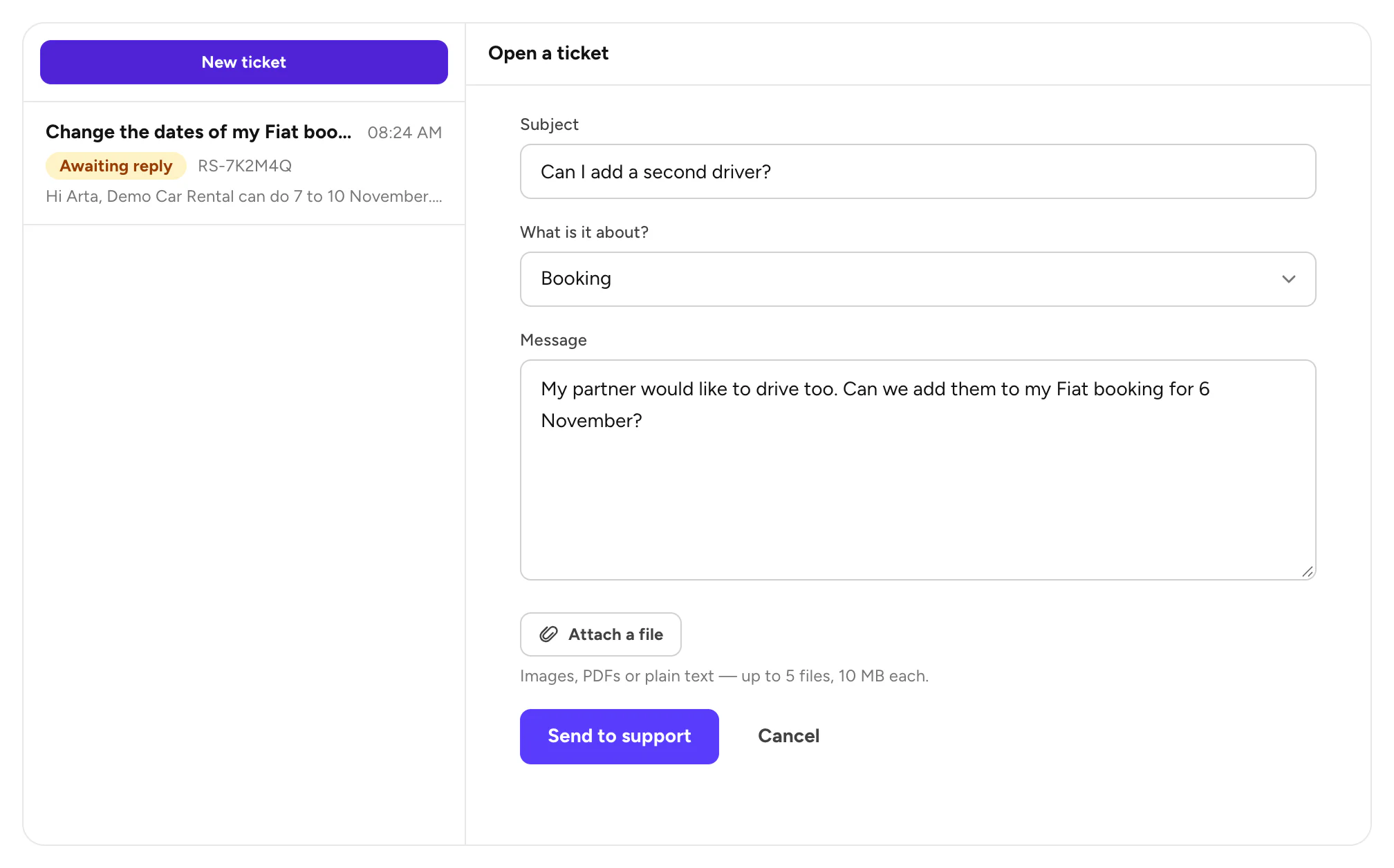 Open a ticket: subject, topic and message