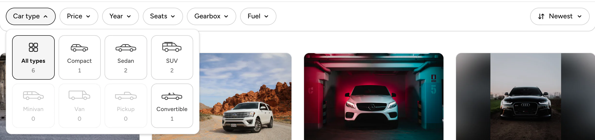 Car type, with the number of cars of each type