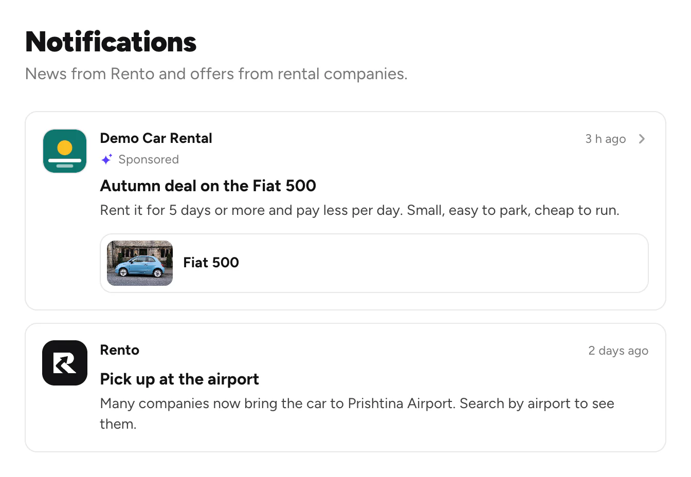 Notifications: a sponsored offer from Demo Car Rental and news from Rento