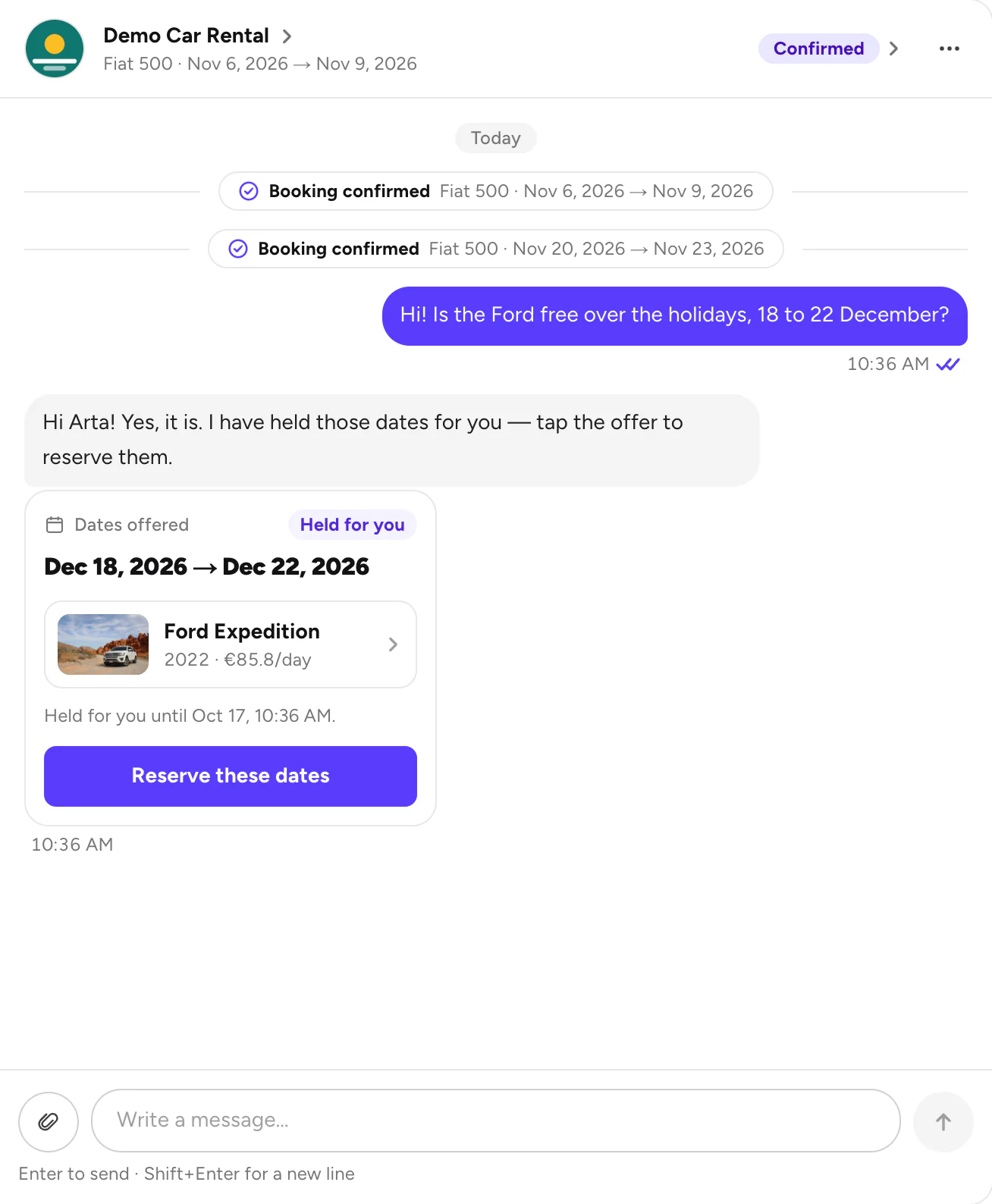 An offer in the chat, with Reserve these dates