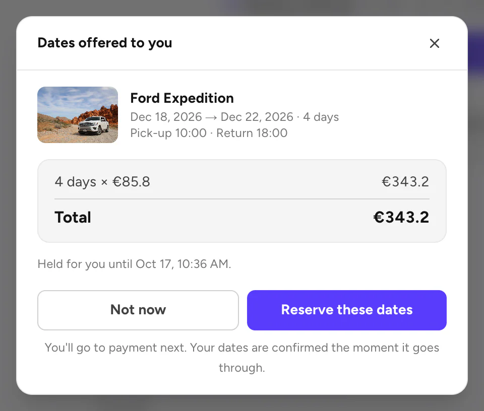 Dates offered to you, with the price