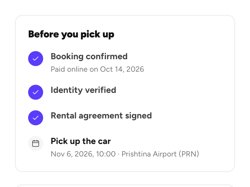 Before you pick up: booking confirmed, identity verified, agreement signed, pick-up time and place