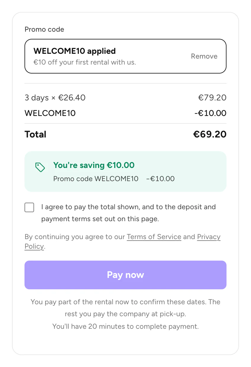 WELCOME10 applied, with the discount in the summary