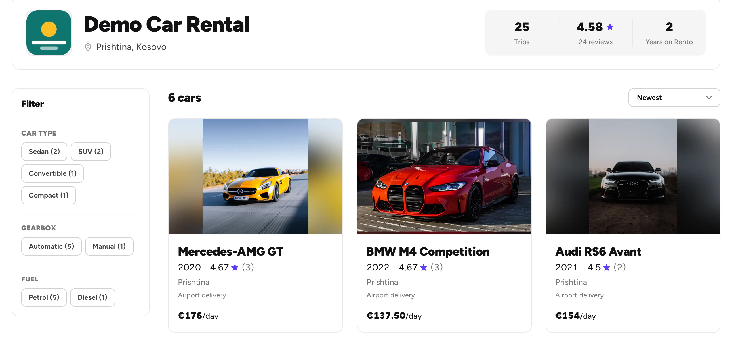 Demo Car Rental's page with its numbers and cars