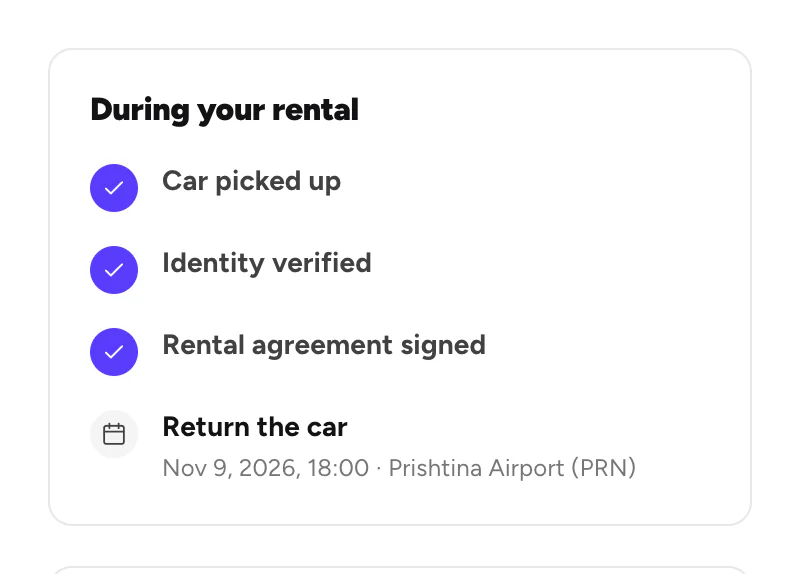 During your rental: car picked up, return the car on Nov 9 at 18:00