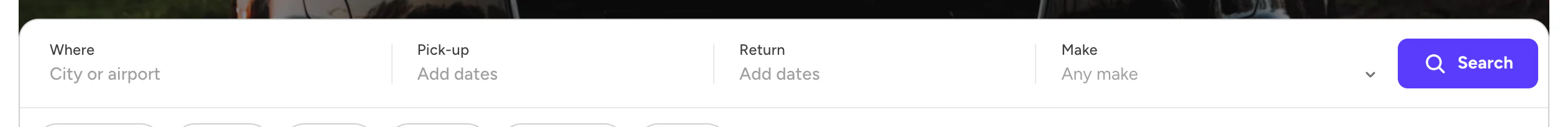 The search bar: Where, Pick-up, Return, Make and Search