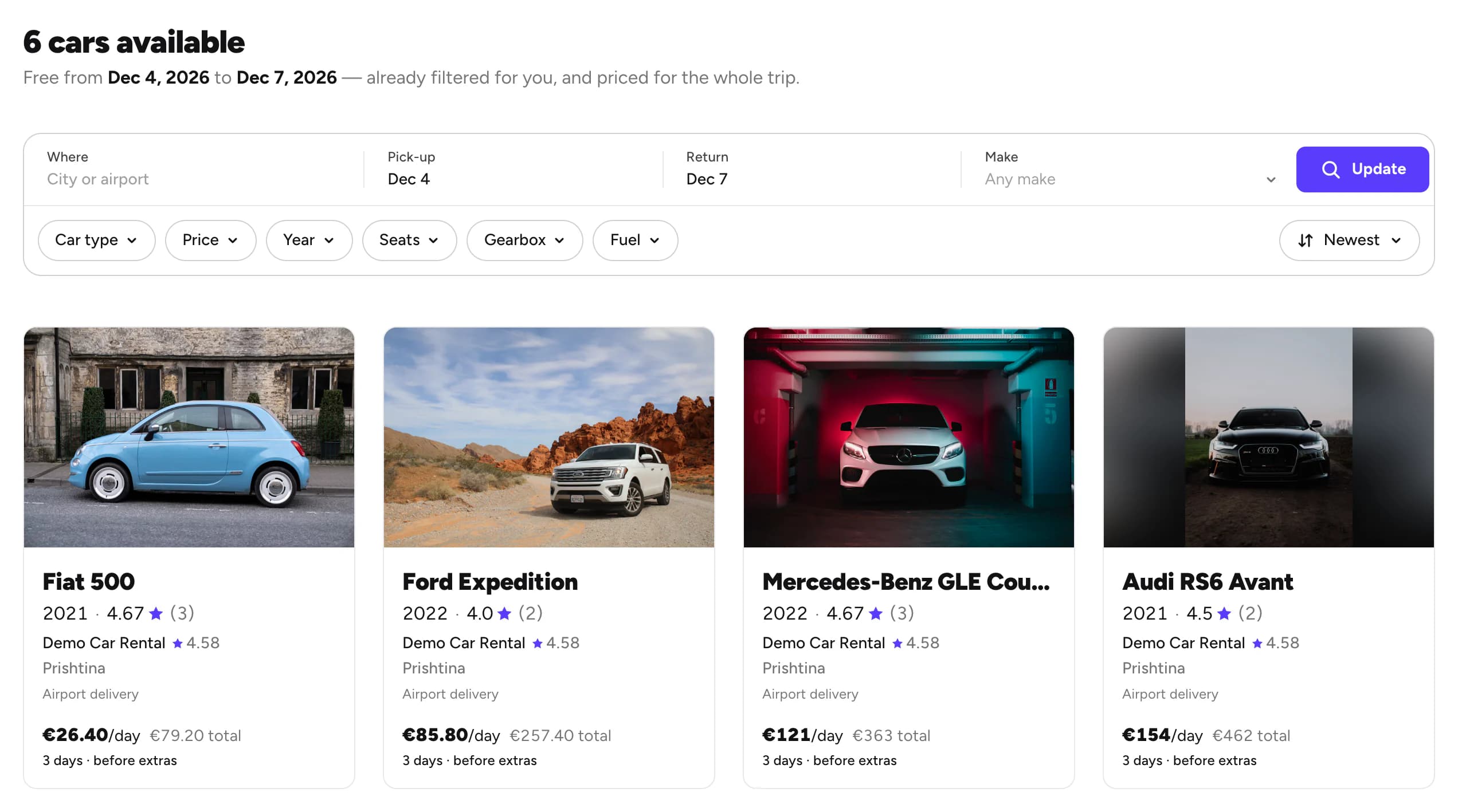 6 cars available for Dec 4 to Dec 7, each with its total