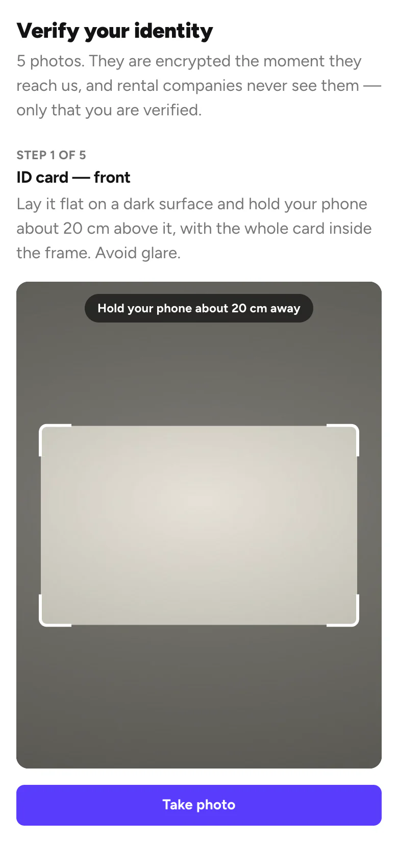 The phone camera with a frame for the front of the ID card