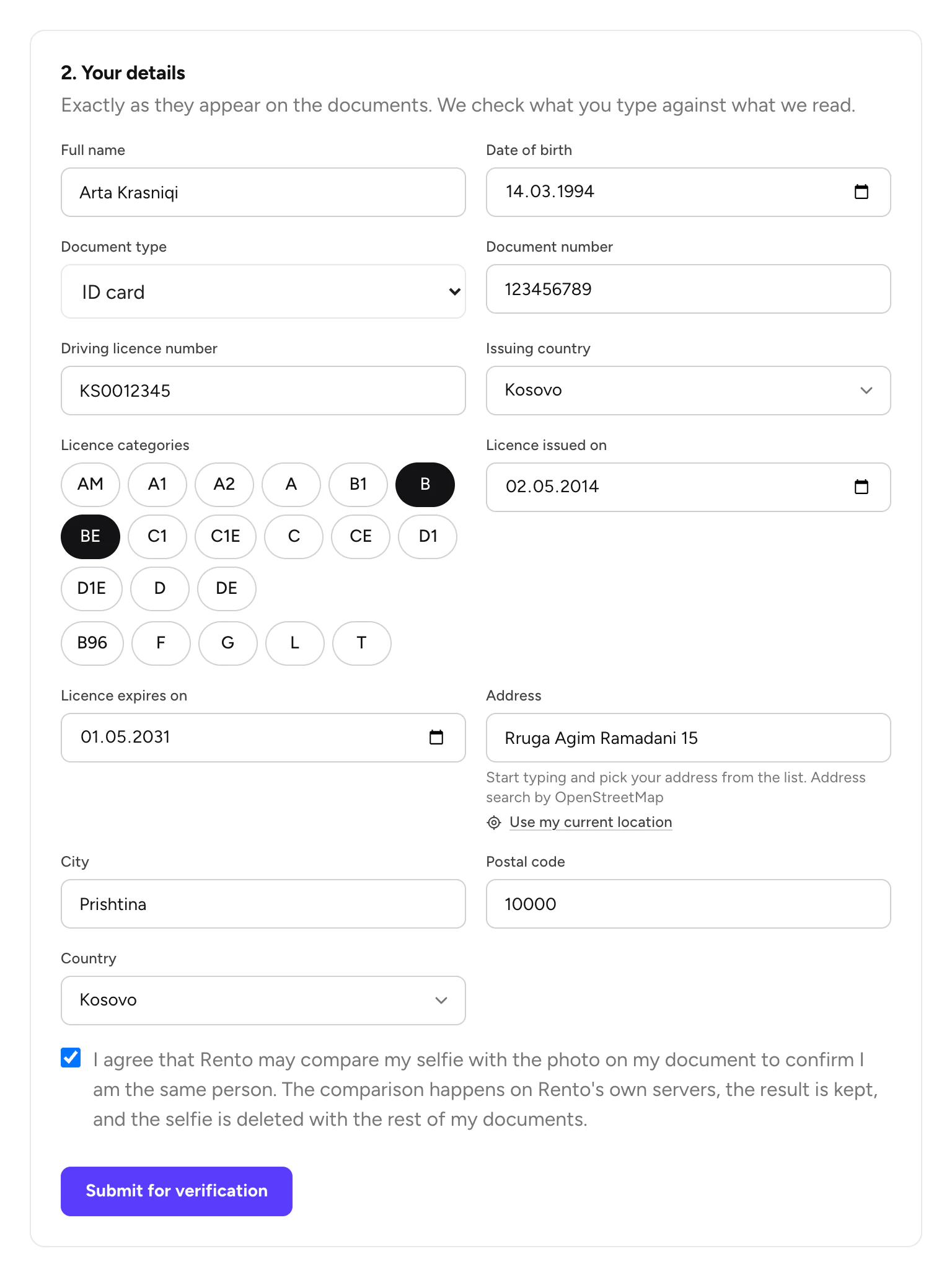 Your details filled in, with Submit for verification