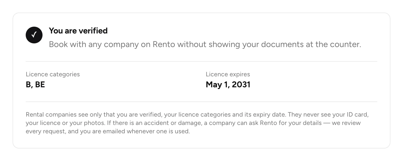 You are verified, with licence categories and expiry