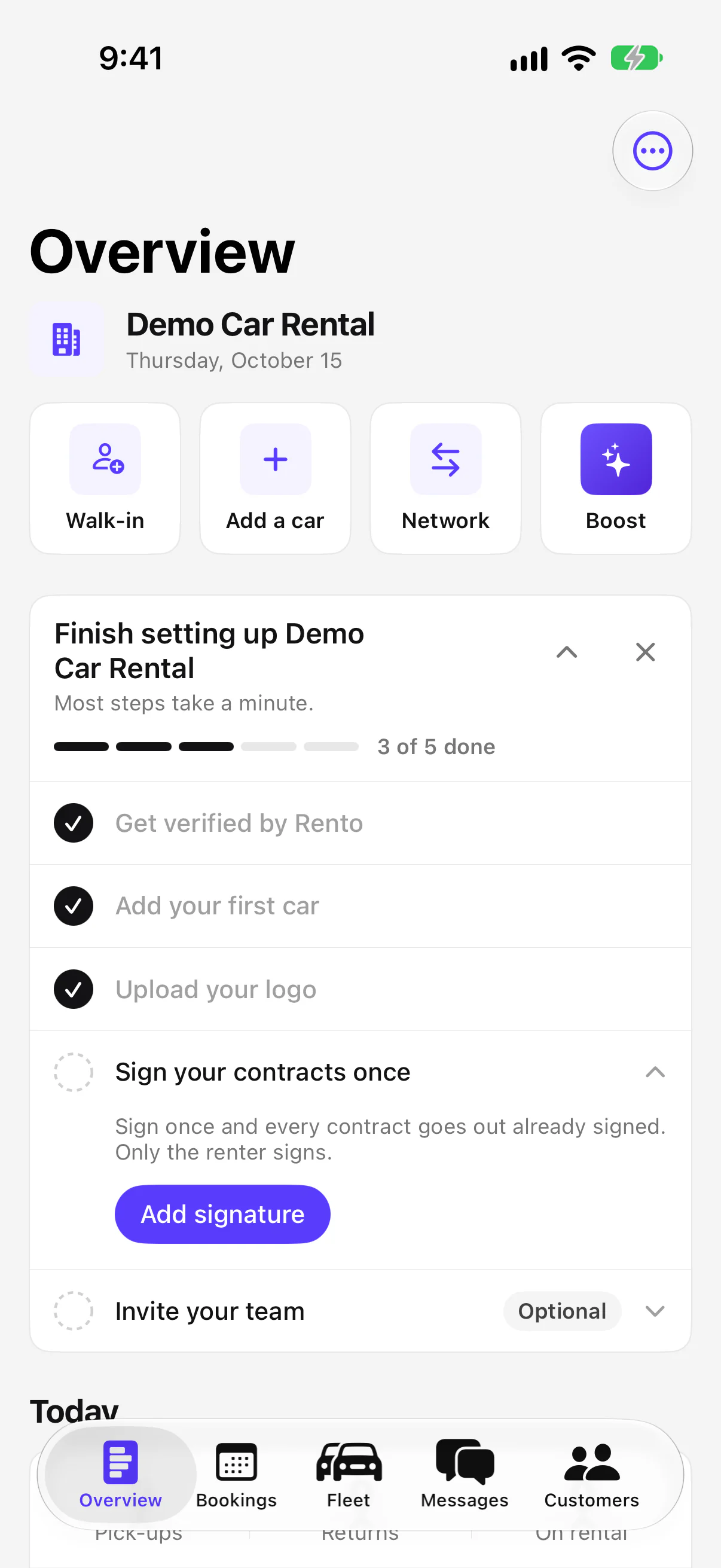 Overview for Demo Car Rental, with the company tabs