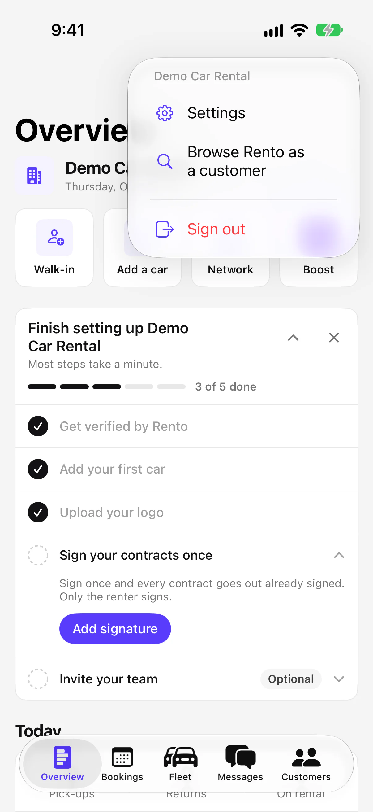 The menu: Settings, Browse Rento as a customer, Sign out