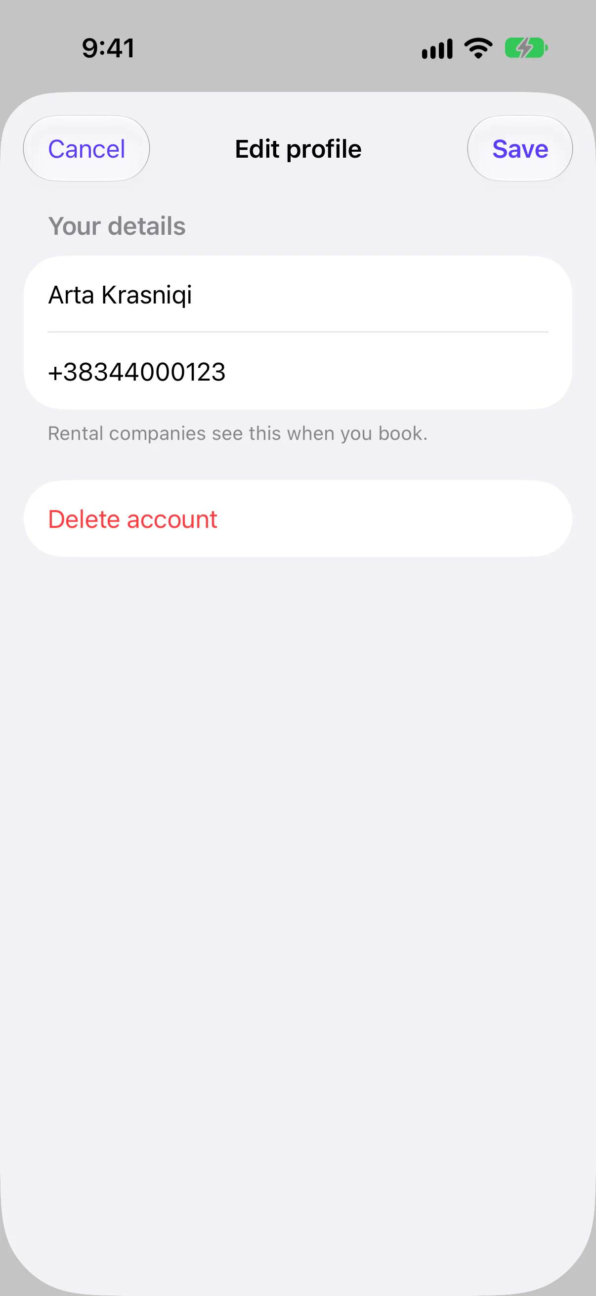 Edit profile, with Delete account at the bottom