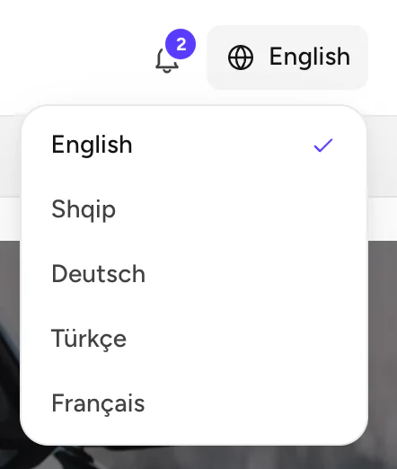 The language menu: English, Shqip, Deutsch, Türkçe, Français