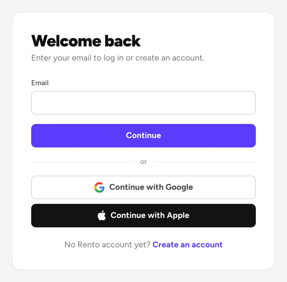 Welcome back: email, Continue, Google and Apple