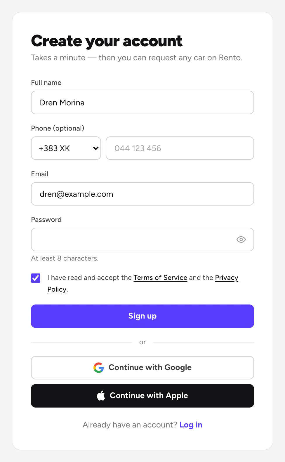Create your account, filled in