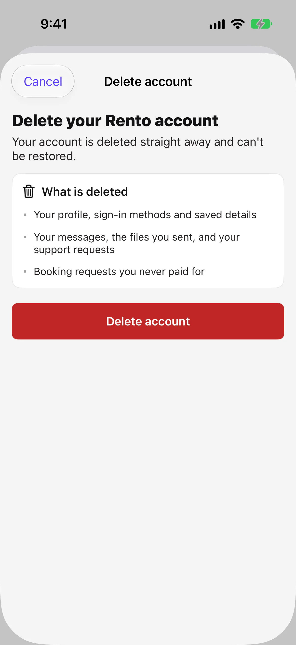 Delete your Rento account: what is deleted, and Delete account