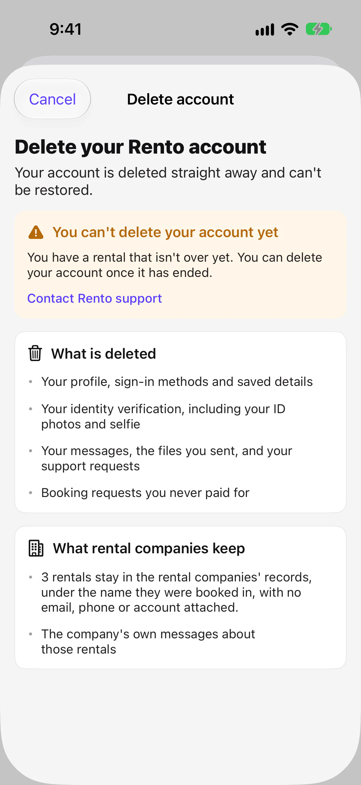 You can't delete your account yet: you have a rental that isn't over