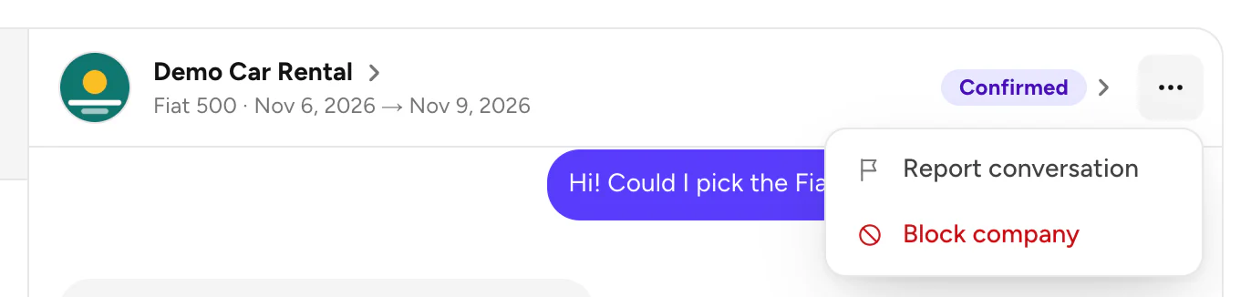 The chat menu: Report conversation and Block company
