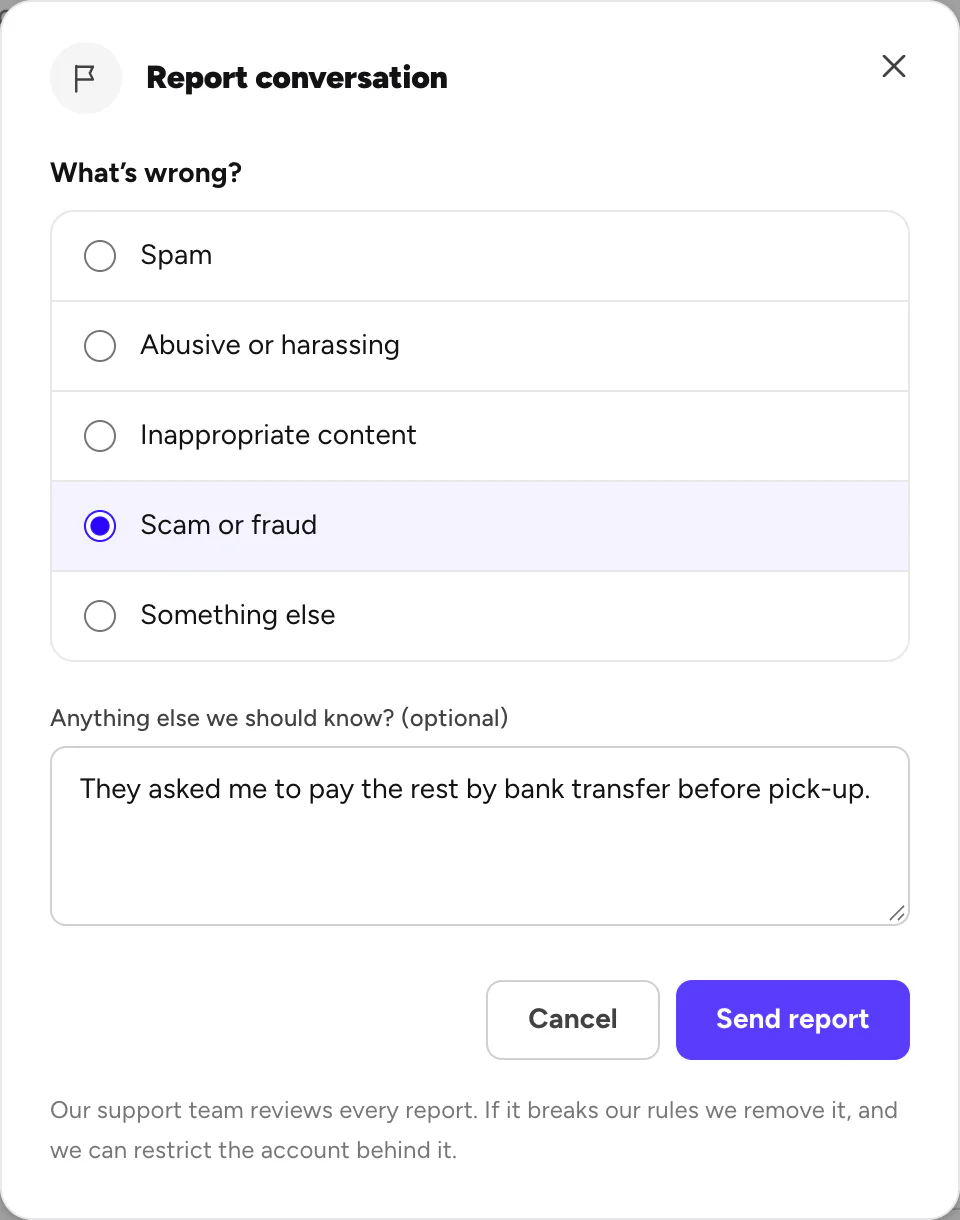 Report conversation: Scam or fraud picked, with a note