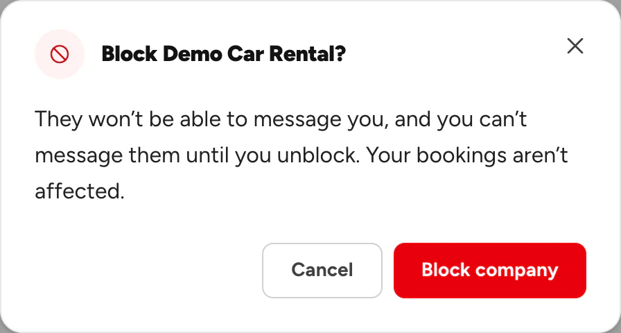 Block Demo Car Rental?, with Cancel and Block company