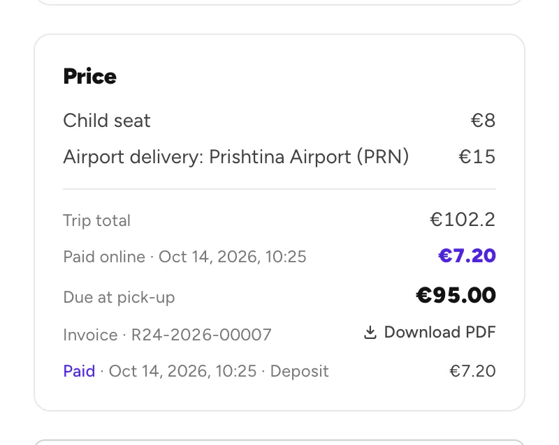 Price card with Paid online and Due at pick-up